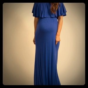 Navy Blue Off Shoulder Ruffle Trim Maternity Maxi